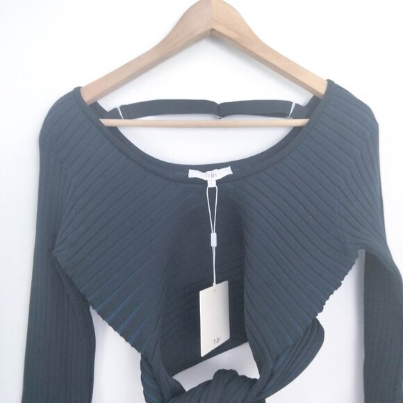 Tibi Tech Poly Ribbed Decollette Wrap Sweater in  Blue Black Large NWT - Picture 8 of 13